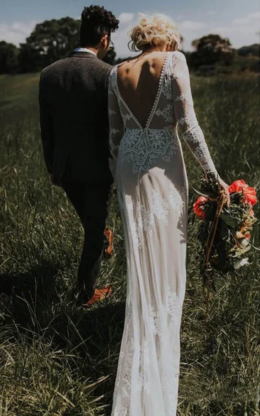 Fall Vintage Sheath Boho Lace Long Sleeve Wedding Dress Floral Casual Country Low Back High Neck Bridal Gown with Sweep Train