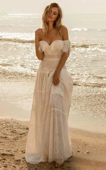 Elopement Beach A-Line Boho Off-the-Shoulder Wedding Dress Romantic Flowy Forest Full Lace Floor Length Bridal Gown with Ruffles