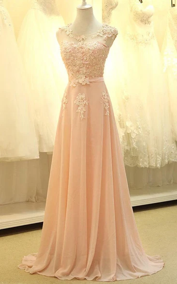 A-line Long Sleeveless Chiffon Dress with Lace Appliques