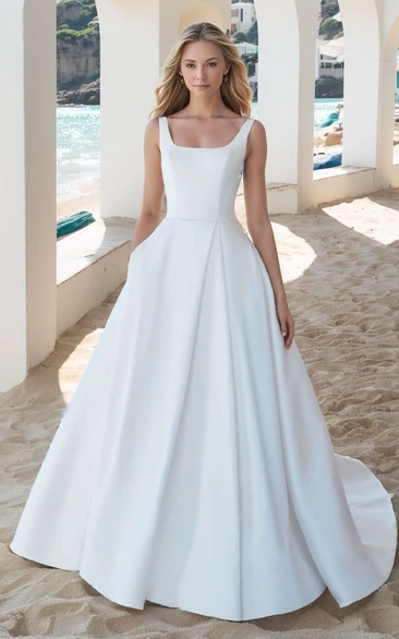 Summer Beach A-Line Square Neck Ball Gown Wedding Dress Modern Romantic Solid Wide Straps Sleeveless Backless Bridal Gown with Train