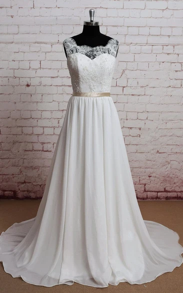 Scoop Neck Sleeveless A-Line Chiffon Wedding Dress With Lace Bodice