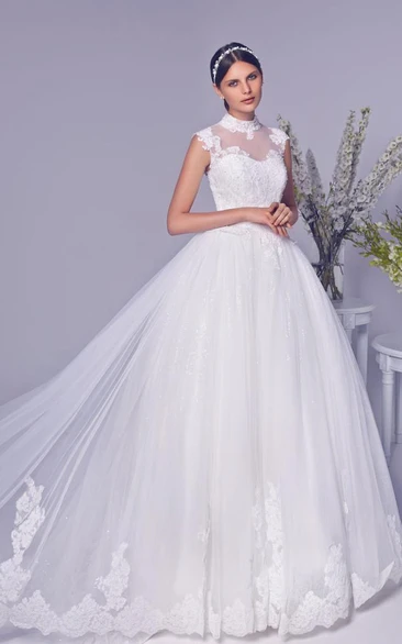 Newest Tulle Lace Appliques Princess Wedding Dress High Neck Lace-up