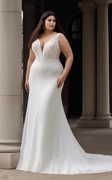 Mermaid Plus Size Chiffon Lace Sleeveless 2023 Wedding Dress with Appliques V-neck Elegant Modern Court Train