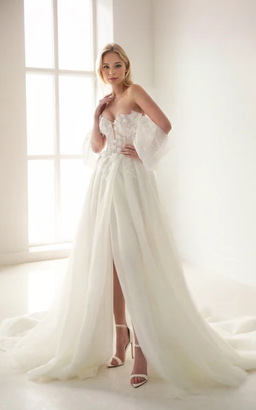 Romantic Ethereal A-Line Floral Off-the-shoulder Strapless Wedding Dress Sexy Elegant Sleeveless Floor-length Split Front Open Back Bridal Gown with Train