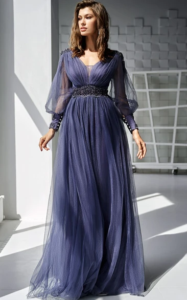 Bohemian Tulle V-neck  A Line Floor-length Mother Dress with Beading and Sash