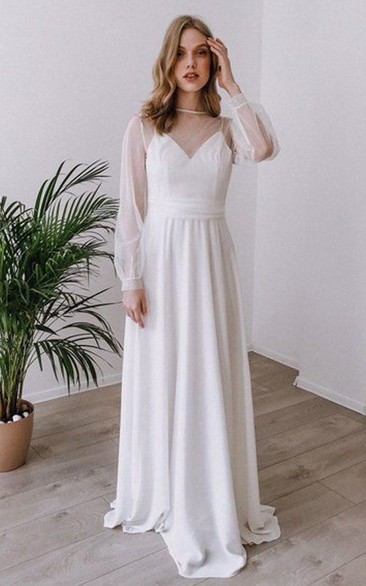 Modest A Line Floor-length Chiffon Bateau Long Sleeve Wedding Dress ...