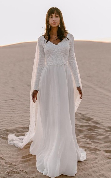 Bohemian Chiffon Lace V-neck A Line Long Sleeve Wedding Dress with Deep-V Back 