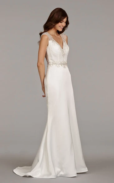 Shimmering Cap Sleeve Charmeuse Dress With Beaded Embroidered Sheer Back
