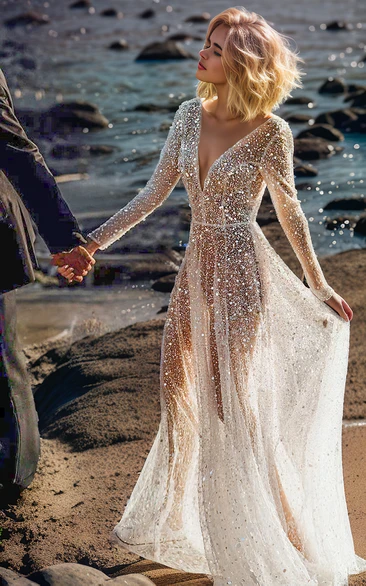 Sexy Sparkly A Line Boho Long Sleeve Sequin Pearl Sheer Wedding Dress Modern Fall Beach V Neck See Through Floor Bridal Gown June Bridals