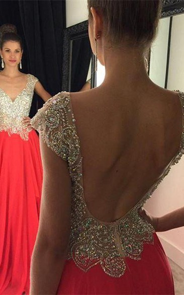 Gorgeous Crystal Open Back Evening Dress Cap Sleeve Long Chiffon Prom Gown
