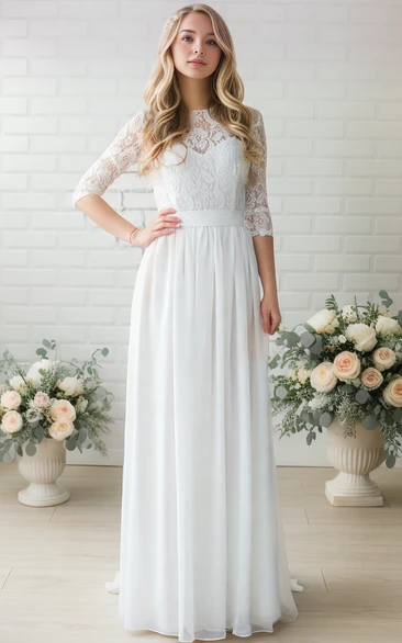 Vintage Modest Boho Lace Top Sheath Maxi Wedding Dress Vintage Casual Illusion Sweetheart 3/4 Length Sleeve Chiffon Sashed Bridal Gown