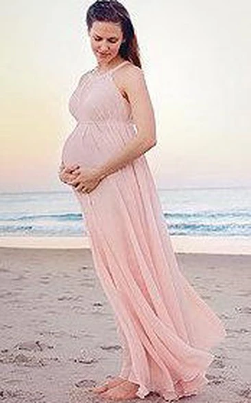 Chiffon Pink Long Maternity Beach Bridesmaid Dress