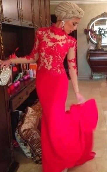 Red High Neck Mermaid Evening Dresses Long Sleeves Appliques Prom Dresses