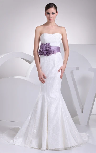 Strapless Appliqued Dress with Floral Waist and Trumpet Silhouette