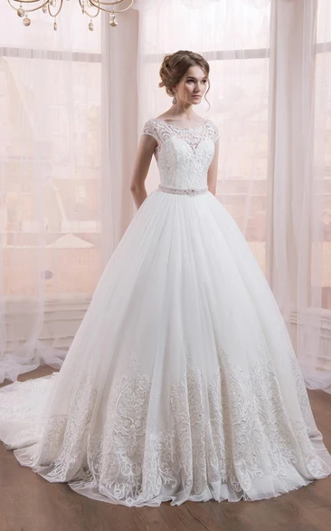 Scoop Neckline Ball Gown Lace Dress With Court Train And Waist Jewellery
