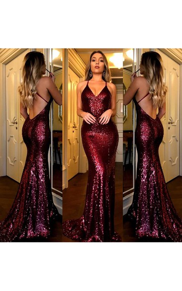 Sexy Backless Dark Red Sequin Mermaid Evening Prom Dress