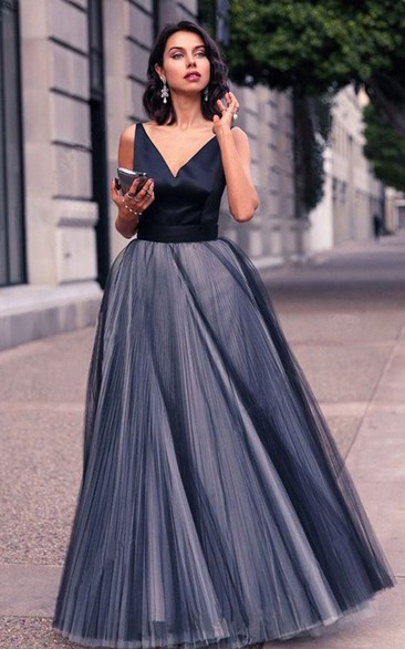 Modest A Line Satin Tulle Straps V-neck Sleeveless Formal Dress with Bow and Pleats