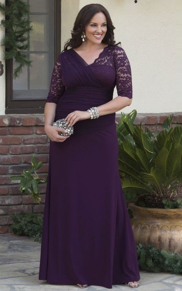 3/4 Sleeve Sheath V-neck Jersey Gown With Lace And Tulle Tiered Appliques