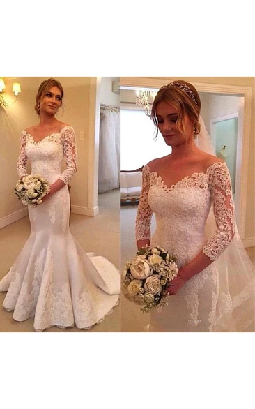 Off-the-shoulder Pleated Mermaid Lace Gown With Long Sleeves