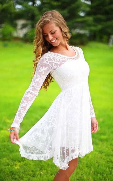 Casual Lace Beach Long Sleeve Knee-Length Mini Wedding Dress with Beadings