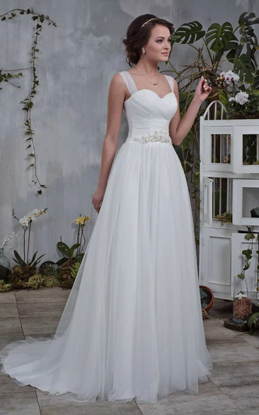 Sweetheart Criss Cross Ruched Tulle A Line Wedding Dress With