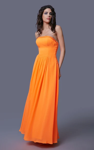 Chiffon Floor Length Strapless Dress With Beaded Top