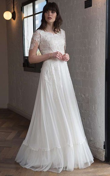 Modern A Line Floor-length Short Sleeve Tulle Bateau Wedding Dress with Appliques
