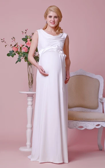 Draped Scoop Neckline A-line Chiffon Maternity Wedding Dress With Cap Sleeves