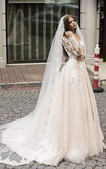 Lace A-Line V-neck Wedding Dress Simple Casual Elegant Romantic Beach Garden With Illusion Long Sleeves And Appliques