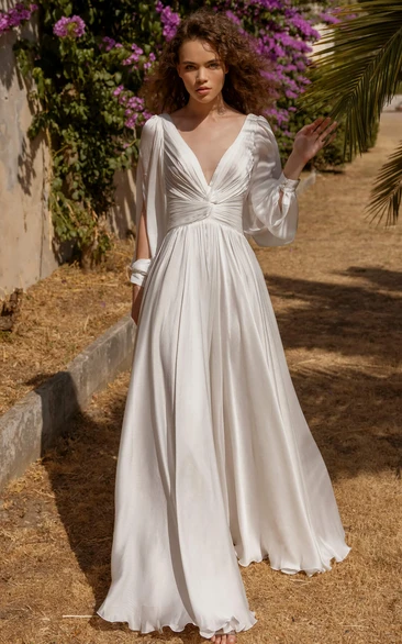 Romantic Long Sleeve Deep V Satin Gown with Flowing Illusion Train