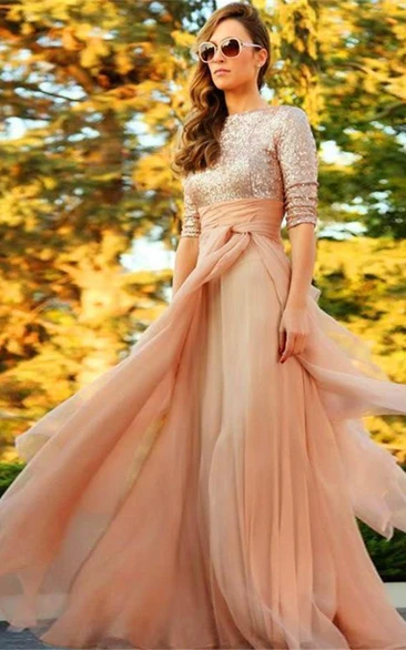 Stunning Sequins Long Evening Dress Half Sleeves Prom Gown