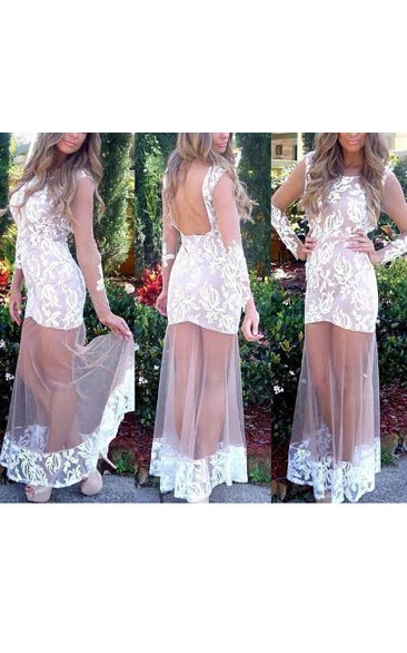 Long Sleeve Illusion Lace Backless Long Dress
