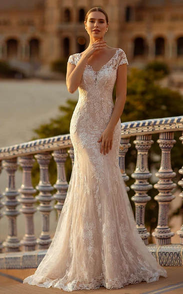 Mermaid Lace V-neck Elegant Floor-length Short Sleeve Wedding Dress With Button Back