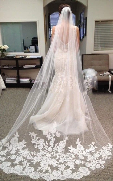Retro Long Tulle Bridal Veil with Lace Appliques