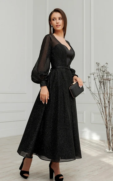 Modest A-Line Sweetheart Tulle and Sequins Evening Dress