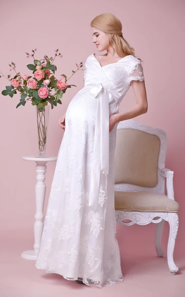 Allover Lace V-neck V-back Cap Sleeved Maternity Wedding Dress With Satin Bow