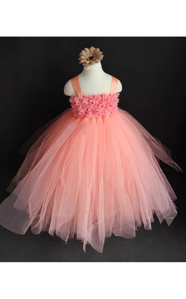 Spaghetti Strap Flower Chest Ruffled Pleated Tulle Gown With Bow Sash