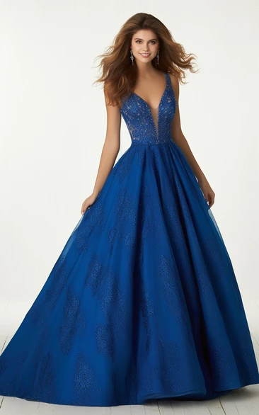 Ball Gown Sleeveless Satin Tulle Evening Dress Sexy Ethereal Modern Plunging Neckline V-neck Sweep Train