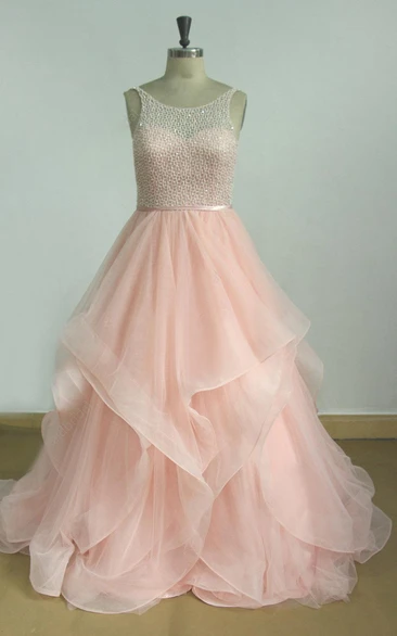 A-Line Tulle Satin Dress With Beading