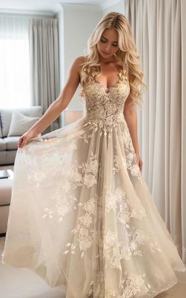 Romantic V-neck Sleeveless Ethereal Illusion Straps Floor-length Lace Petals Mesh Wedding Dress