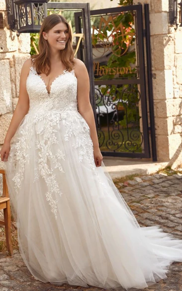 Romantic Lace Sleeveless Brush Train A Line V-neck Wedding Dress with Appliques