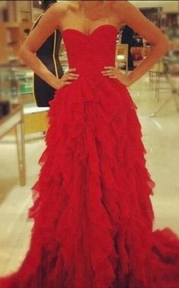 Red Sweetheart Ruffles Evening Party Dress 