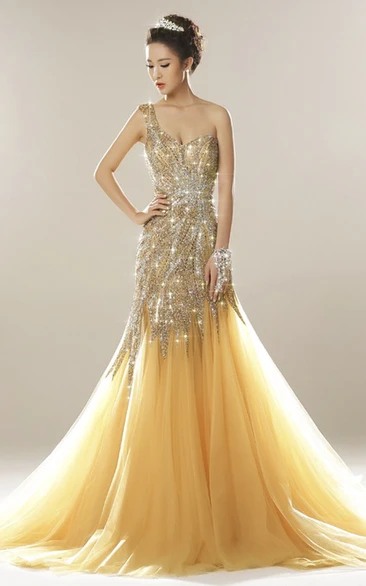 One Shoulder Open Back Luxury Tulle Mermaid Gown With Beading And Appliques