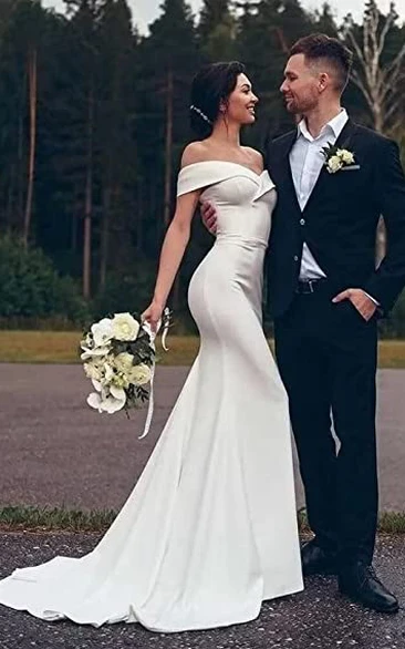Mermaid Off-the-shoulder Satin Wedding Dress Casual Elegant Romantic Adorable Country Garden With Open Back And Short Sleeves 