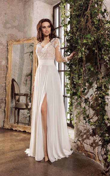 Sexy Chiffon V-neck Floor Length Wedding Gown with Split Front