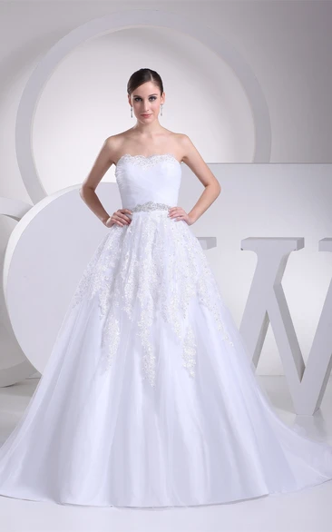 Strapless Ruched A-Line Gown with Appliques and Gemmed Waist