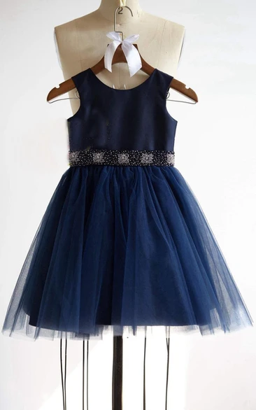 strapped Tulle&Satin Top Dress With Beading Belt
