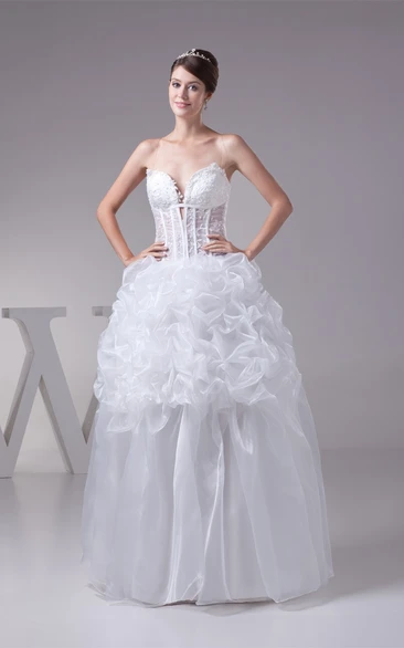 Plunged Ruffled Ball Gown with Appliques and Illusion Bodice