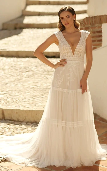 Boho A-Line Lace Wedding Dress Sleeveless Brush Train V-neck with Sexy Low-V Back