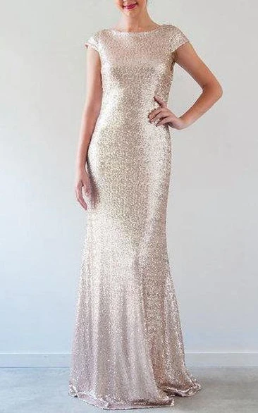 Sequined Cap Sleeve Floor-Length Dress With Low-V Back